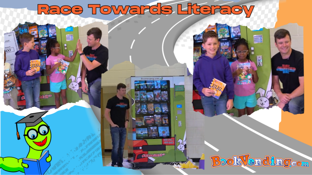 Erik Jones of NASCAR and his foundation places an Inchy bookworm vending machine at Rocky Creek Elementary in Georgia. 